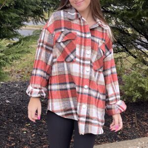 KIRUNDO Women's 2024 Fall Winter Flannel Plaid Shirts Jacket Casual Long Sleeve Boyfriend Button Down Shacket Coats(Style3-Orange, X-Large)