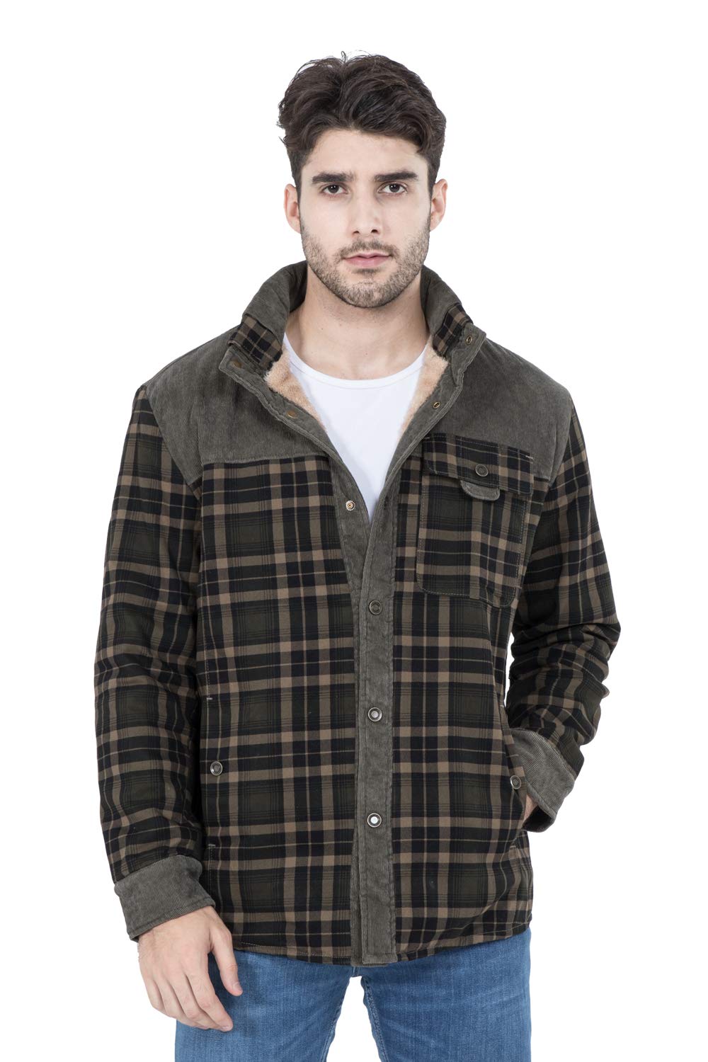 NEWHALL Men's Plaid Long sleeve flannel lined Buttoned Shirt, Winter Windproof and Warm Jacket S Dark Green