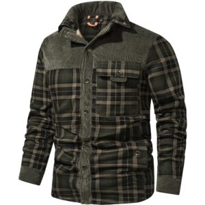 NEWHALL Men's Plaid Long sleeve flannel lined Buttoned Shirt, Winter Windproof and Warm Jacket S Dark Green