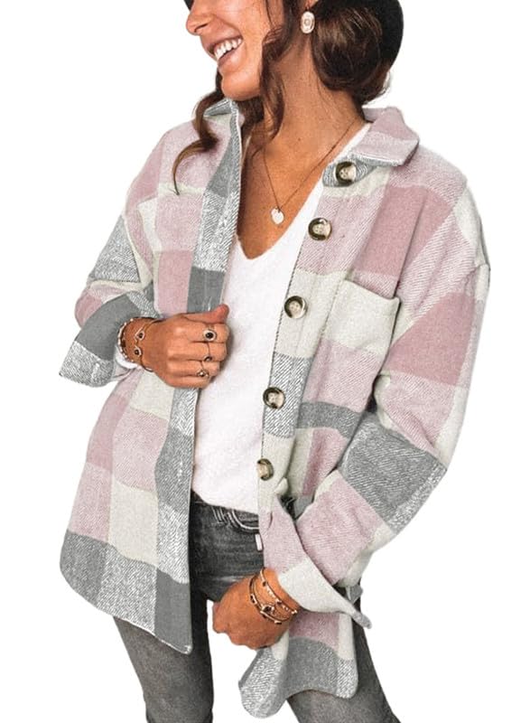 SHEWIN Women's Flannel Shirts Long Sleeve Plaid Lapel Casual Button Up Shacket Jacket Coats with Pockets Fall Tops for Women,US 8-10(M),Pink