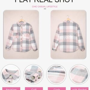 SHEWIN Women's Flannel Shirts Long Sleeve Plaid Lapel Casual Button Up Shacket Jacket Coats with Pockets Fall Tops for Women,US 8-10(M),Pink