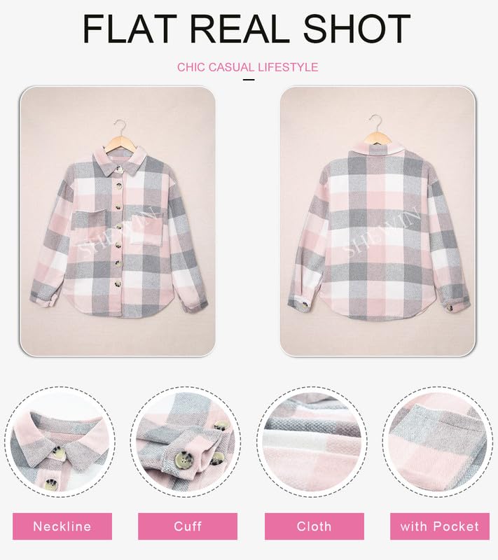 SHEWIN Women's Flannel Shirts Long Sleeve Plaid Lapel Casual Button Up Shacket Jacket Coats with Pockets Fall Tops for Women,US 8-10(M),Pink