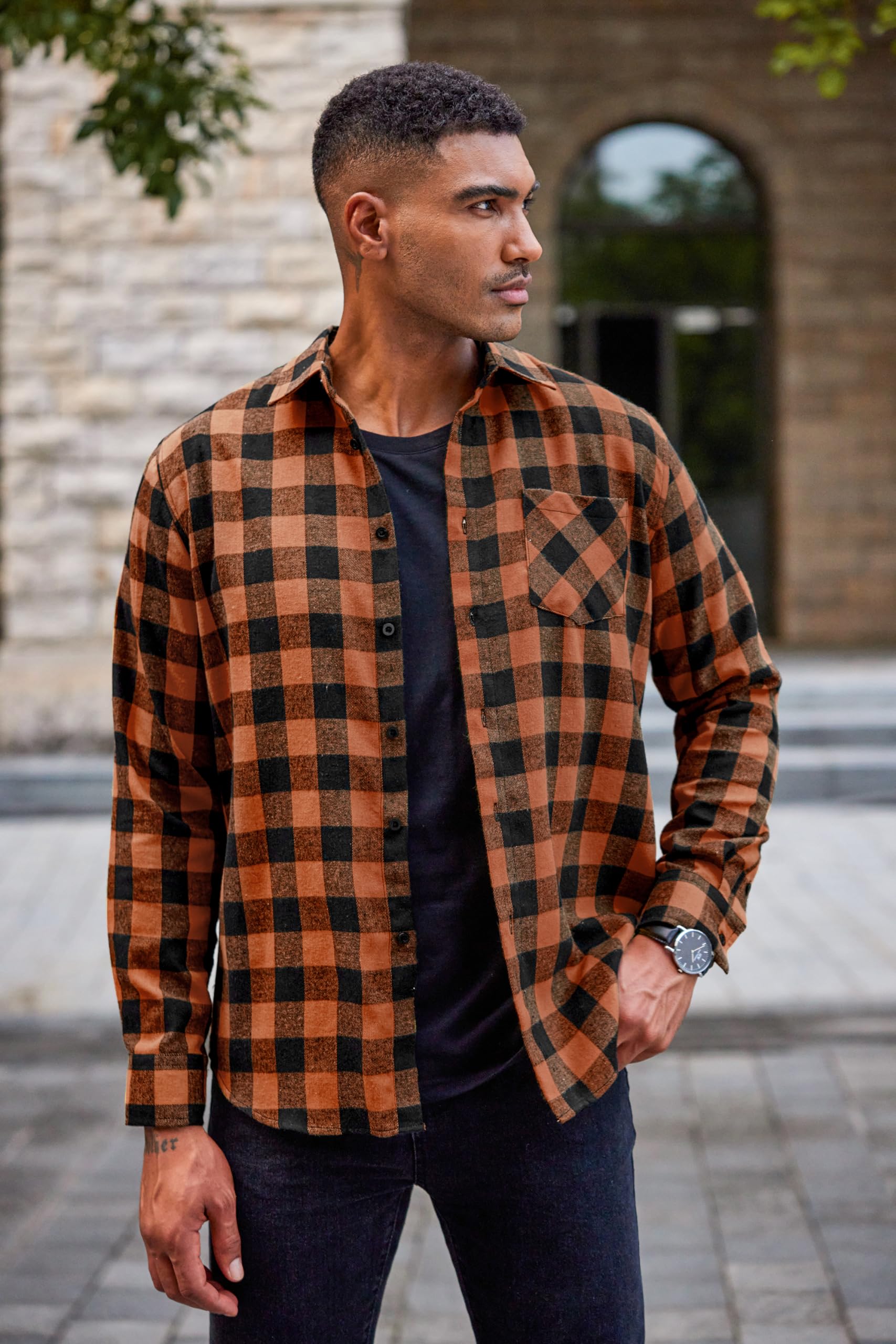 COOFANDY Men's Flannel Plaid Shirt Casual Long Sleeve Checkered Shirt Fall Overshirt A - Orange