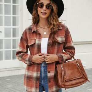 Blooming Jelly Flannel Shirts for Women Long Sleeve Plaid Shirt Shacket Jackets Fall Clothes 2023 (Small, Orange)