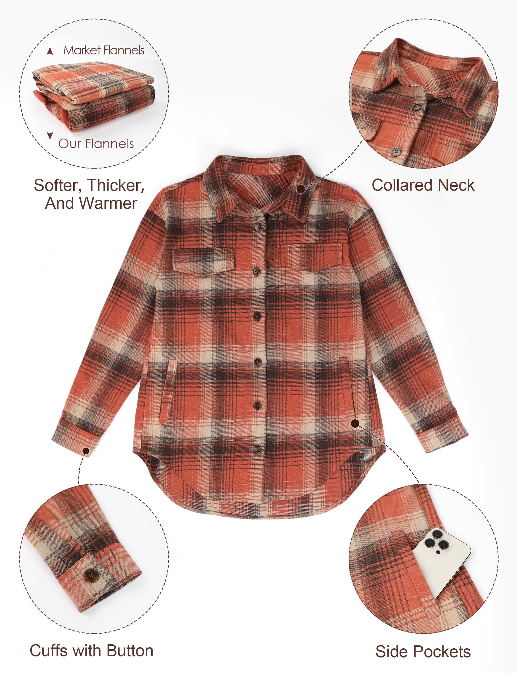 Blooming Jelly Flannel Shirts for Women Long Sleeve Plaid Shirt Shacket Jackets Fall Clothes 2023 (Small, Orange)