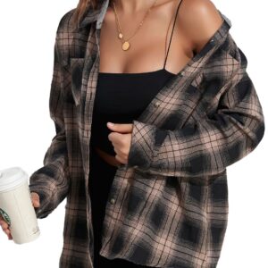 KevaMolly Plaid Long Sleeve Flannel Shirts for Women Loose Fit Boyfriend Button Down Shirt Casual Flannel Blouse Tops Brown Black M