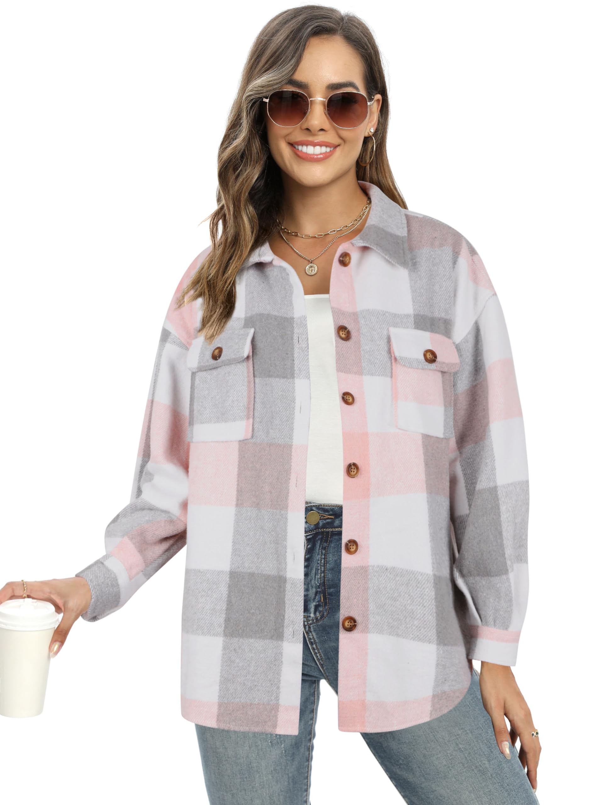 NIeyook Womens Casual Long Sleeve Color Block Plaid Shacket Flannel Lapel Button Down Fall Shacket Jacket Outwear Coats