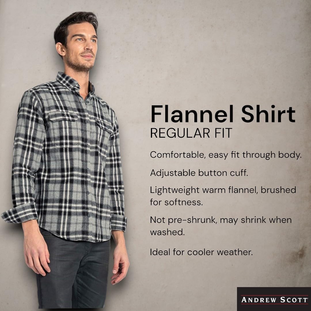 Andrew Scott Men's Cotton Flannel Shirts | Long Sleeve Button Down Casual Shirts | Multi Packs, Multi Plaids