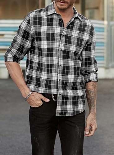 JMIERR Mens Flannel Shirt Fall Fashion 2024 Long Sleeve Casual Button Down Cotton Plaid Dress Shirts, US 40(M), Black