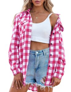 zeagoo womens pink plaid shirt, roll up sleeve casual boyfriend button down flannel shirts,rose,large
