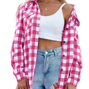 Zeagoo Womens Pink Plaid Shirt, Roll up Sleeve Casual Boyfriend Button Down Flannel Shirts,Rose,Large