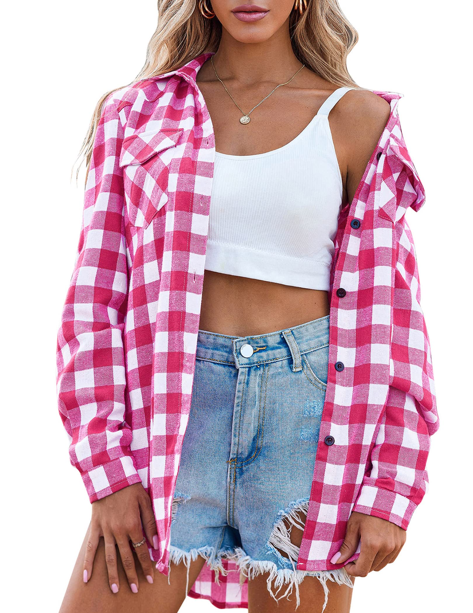 Zeagoo Womens Pink Plaid Shirt, Roll up Sleeve Casual Boyfriend Button Down Flannel Shirts,Rose,Large