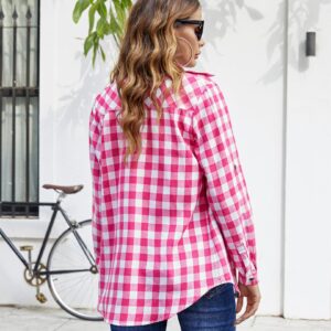 Zeagoo Womens Pink Plaid Shirt, Roll up Sleeve Casual Boyfriend Button Down Flannel Shirts,Rose,Large