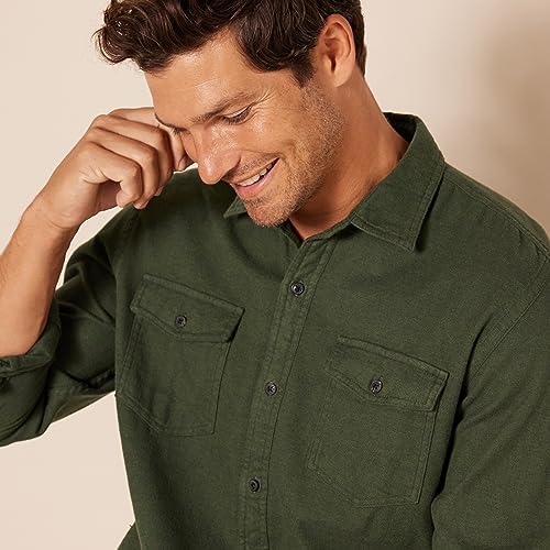 Amazon Essentials Men's Regular-Fit Long-Sleeve Two-Pocket Flannel Shirt, Olive Heather, Large