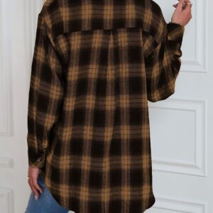 Bozanly Button Down Mid Long Plaid Flannel Shirts for Women Lapel Long Sleeve Loose Check Jacket Shacket(0635-Brown-M)