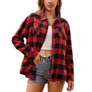 Esabel.C Flannel Shirts for Women Long Sleeve Button Down Plaid Fall Shirt Casual Work Tops,Red/Black,L