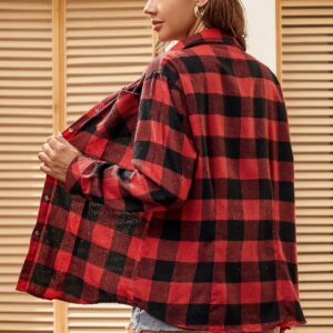 Esabel.C Flannel Shirts for Women Long Sleeve Button Down Plaid Fall Shirt Casual Work Tops,Red/Black,L