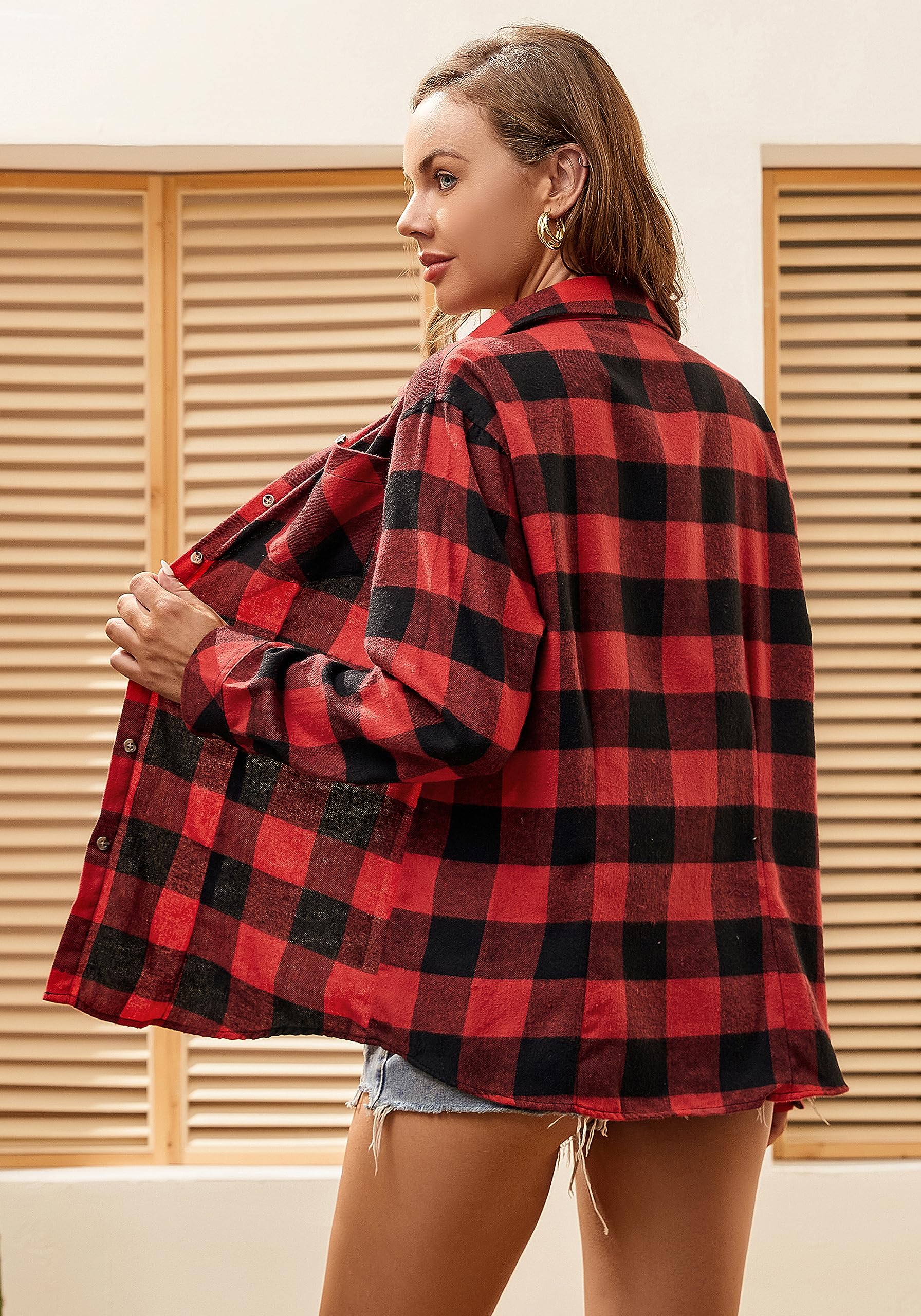 Esabel.C Flannel Shirts for Women Long Sleeve Button Down Plaid Fall Shirt Casual Work Tops,Red/Black,L