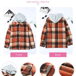 EVALESS Womens Fall Hooded Flannel Shacket Jacket 2023 Trendy Casual Long Sleeve Plaid Corduroy Button Down Shirts Coats Outfits,Orange M