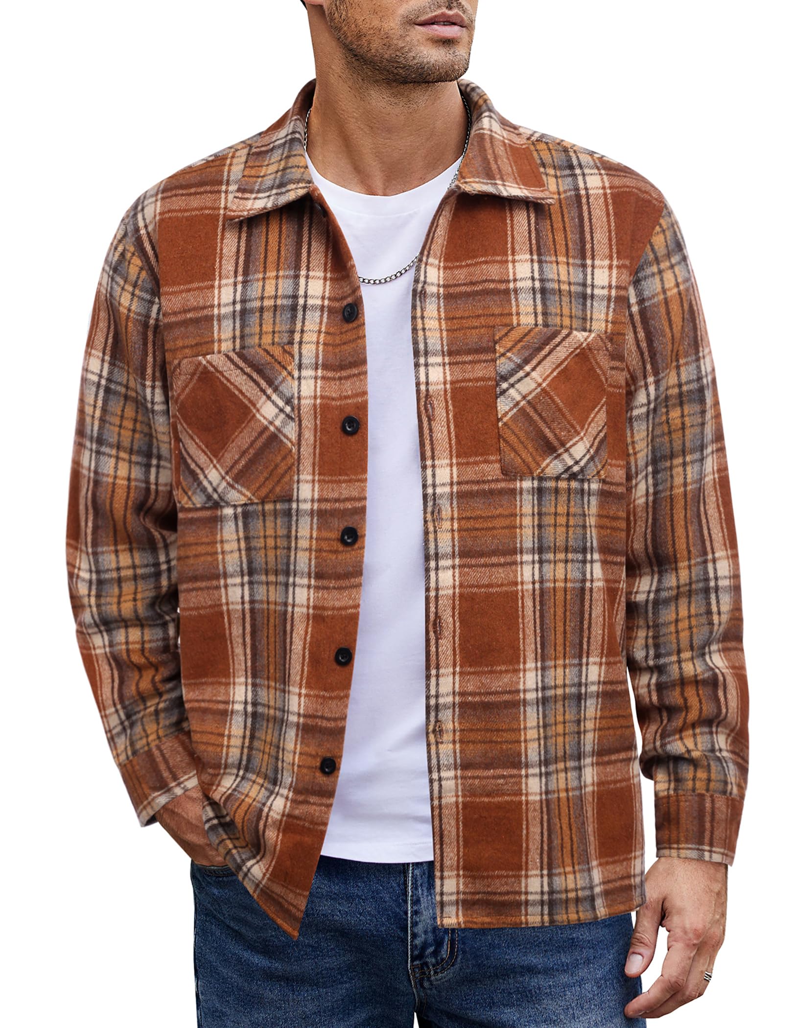 COOFANDY Men's Brown Flannels Plaid Shirts Regular Fit Long Sleeve Button Down Shacket Vintage Western Shirts