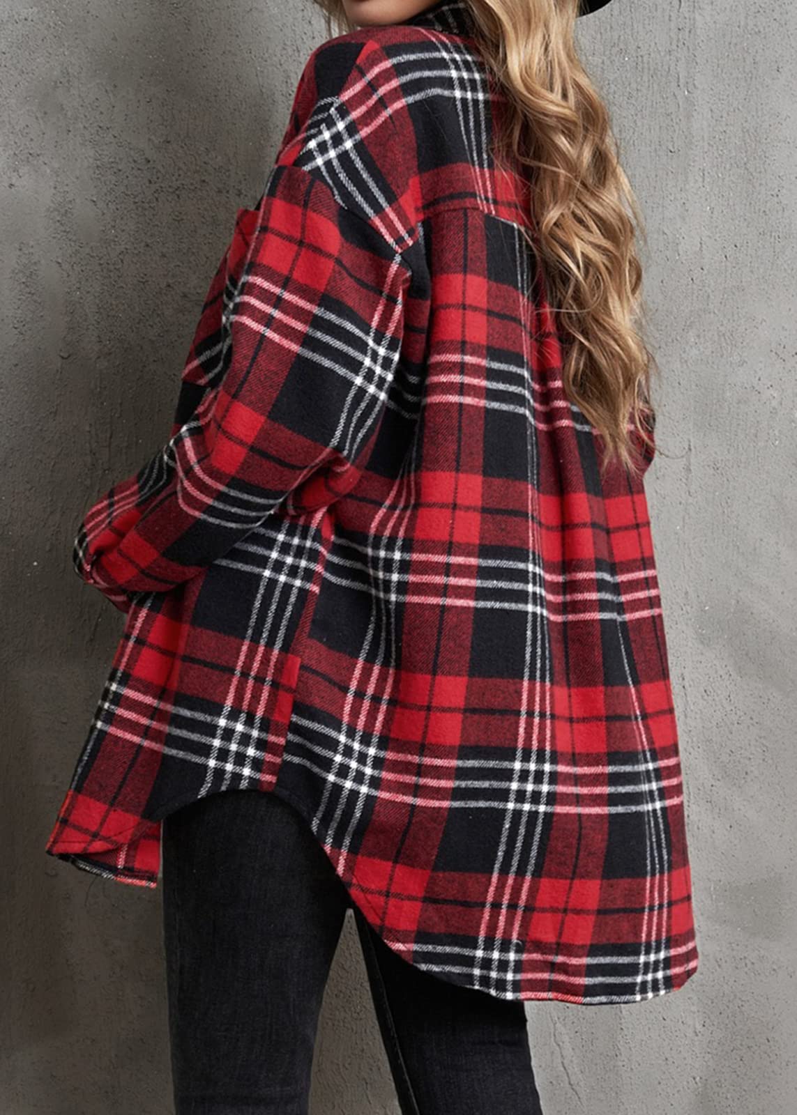 BTFBM Women's Long Sleeve Button Down Jackets Plaid Flannel Shirts Tops Casual Lapel V Neck Oversized Shackets Blouses Top (X-Large, Plaid Print Red)