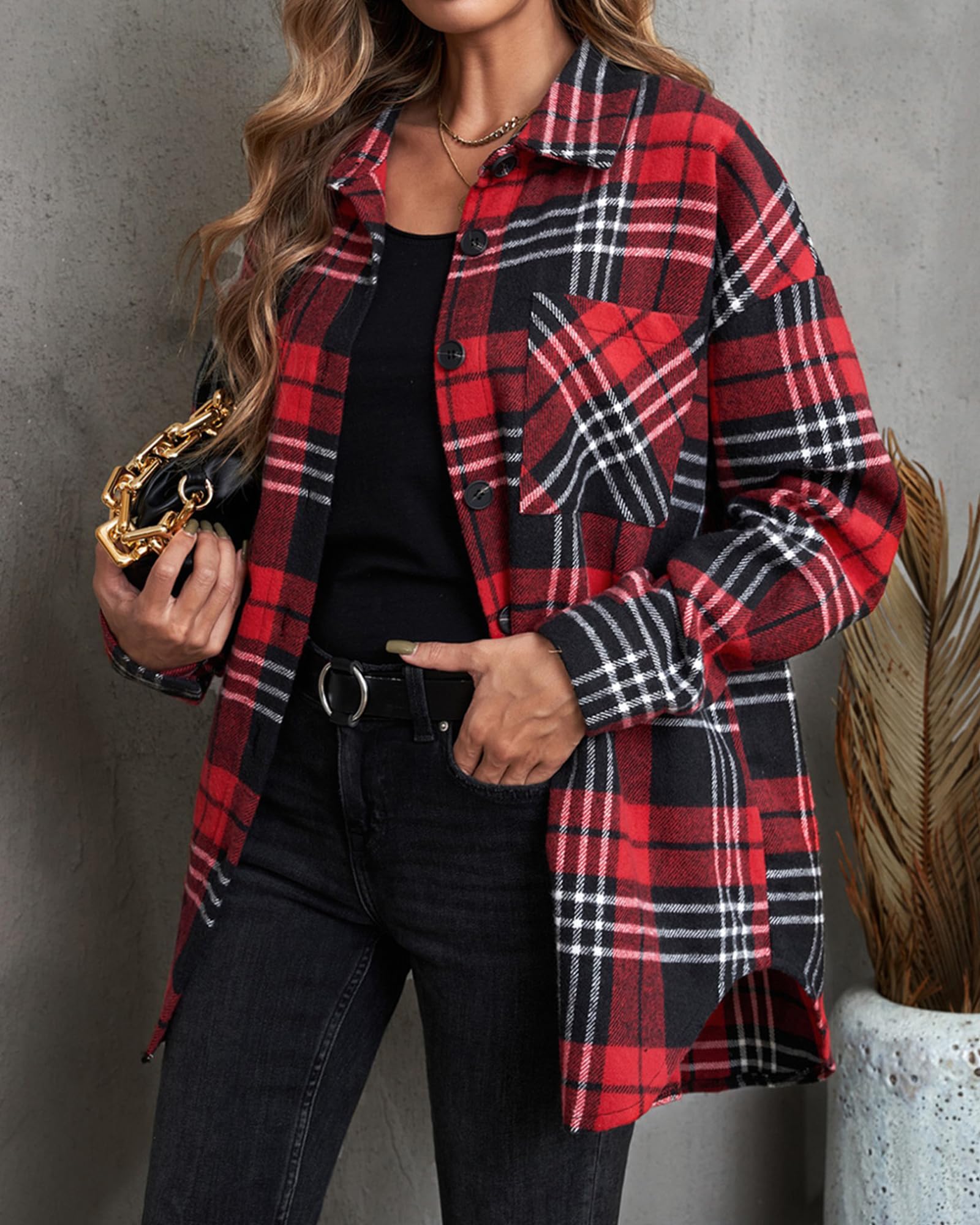 BTFBM Women's Long Sleeve Button Down Jackets Plaid Flannel Shirts Tops Casual Lapel V Neck Oversized Shackets Blouses Top (X-Large, Plaid Print Red)