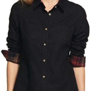 CQR Women's Plaid Flannel Shirt Long Sleeve, All-Cotton Soft Brushed Casual Button Down Shirts, Flannel Plaid Shirts Solid Black, Large