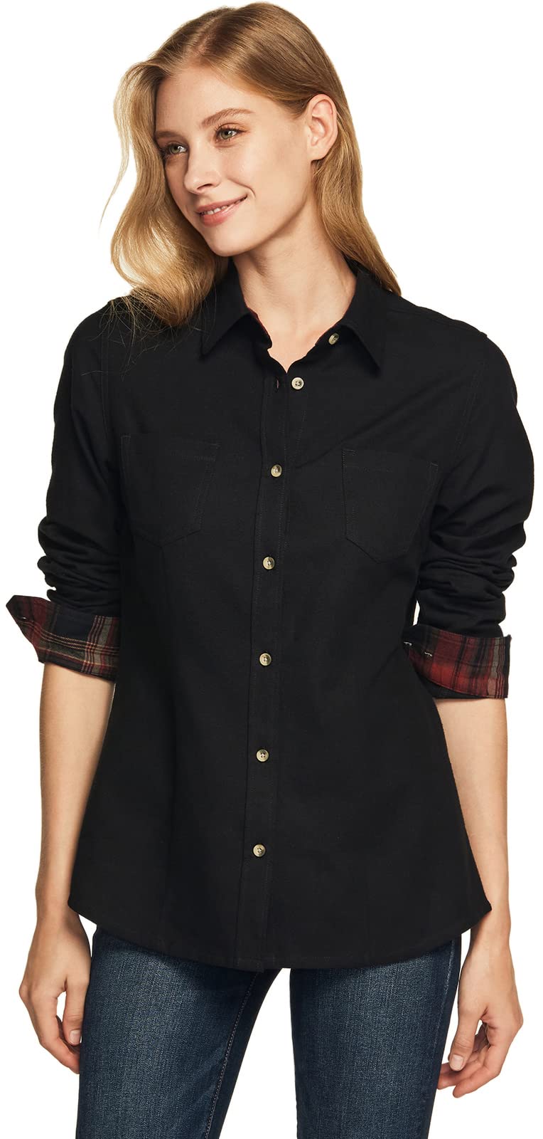 CQR Women's Plaid Flannel Shirt Long Sleeve, All-Cotton Soft Brushed Casual Button Down Shirts, Flannel Plaid Shirts Solid Black, Large