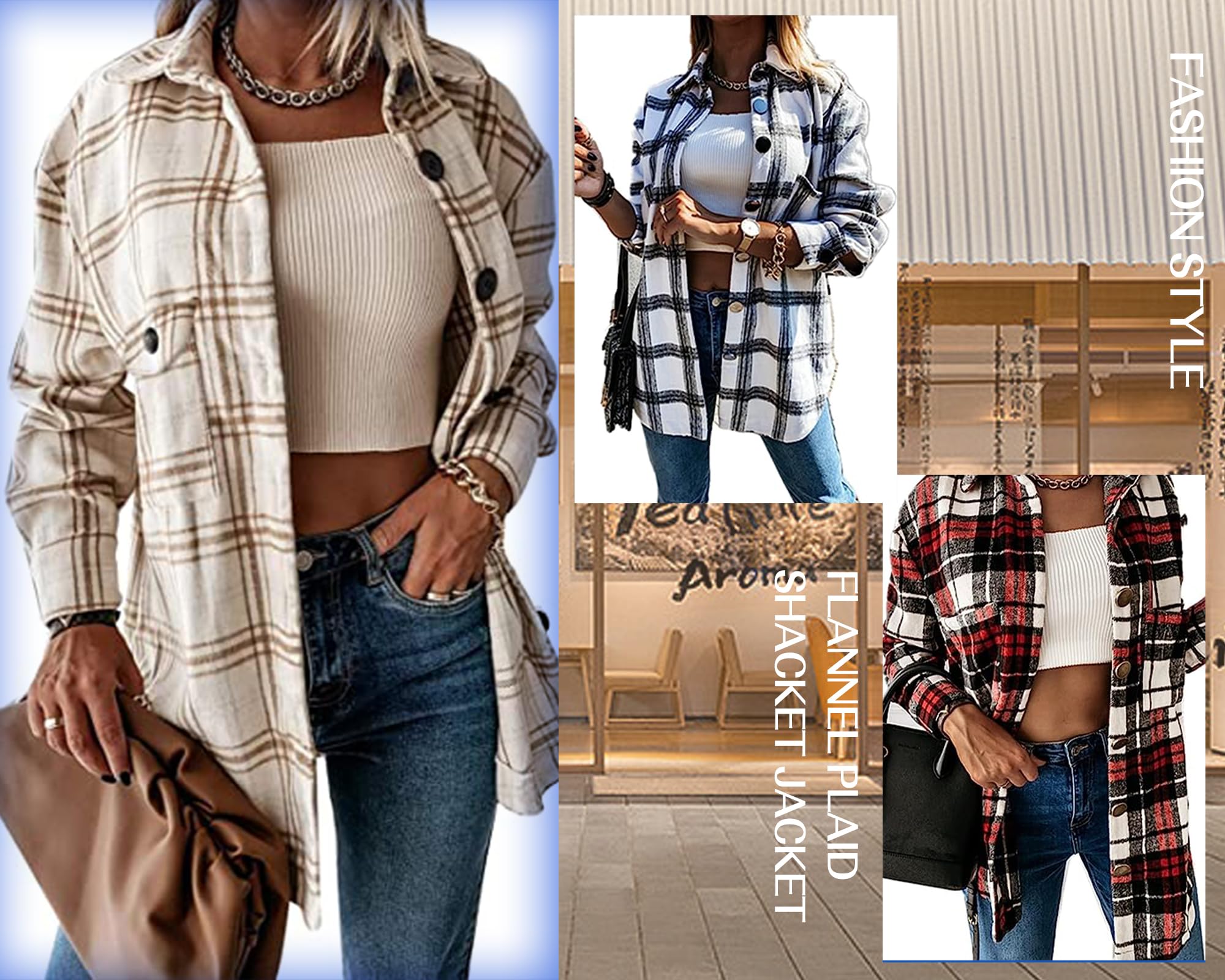 Blansdi Women’s Casual Plaid Flannel Shacket Jacket Oversized Button Down Long Sleeve Fall Shirt Jacket Coat Tops