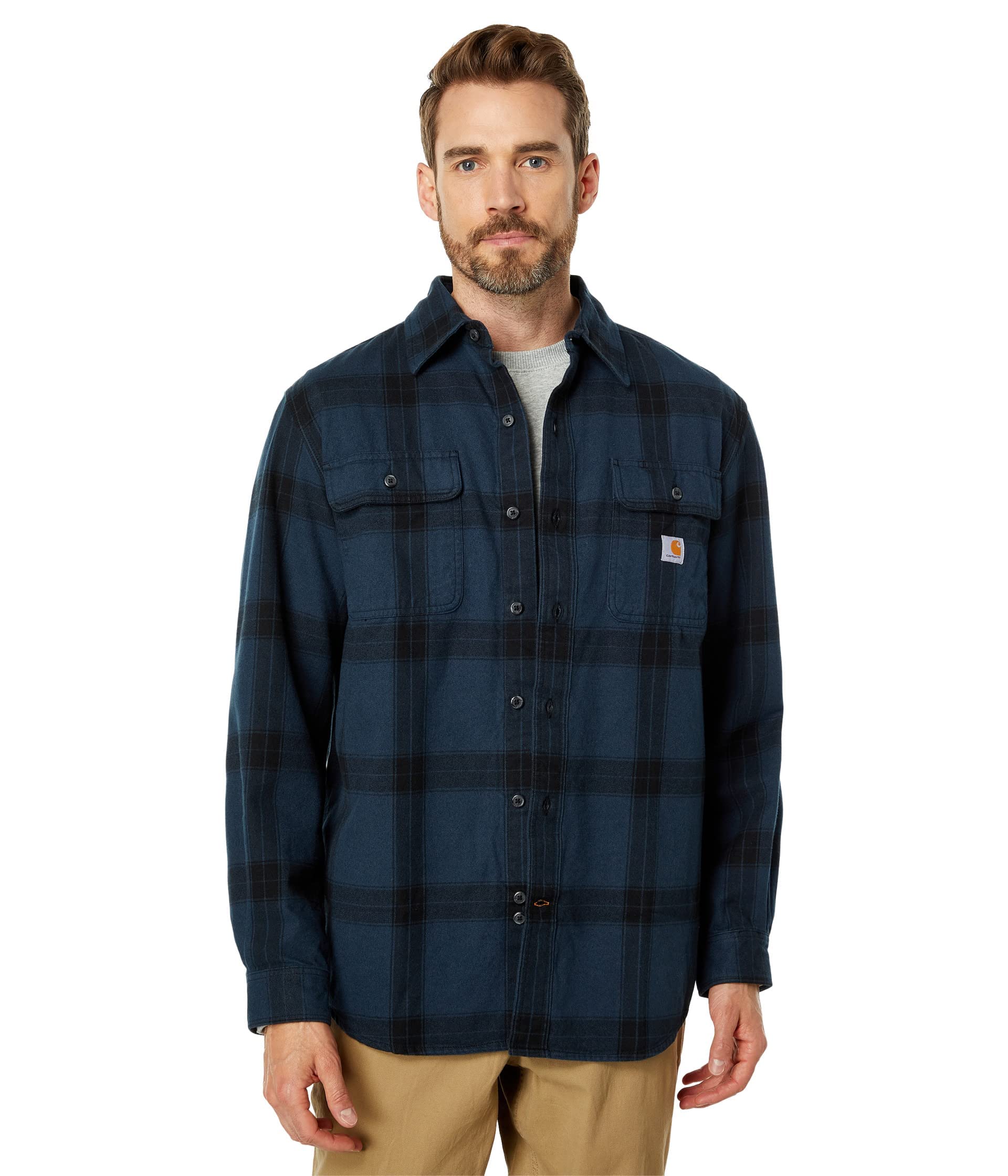 Carhartt Loose Fit Heavyweight Flannel Long Sleeve Plaid Shirt Night Blue LG (Reg)