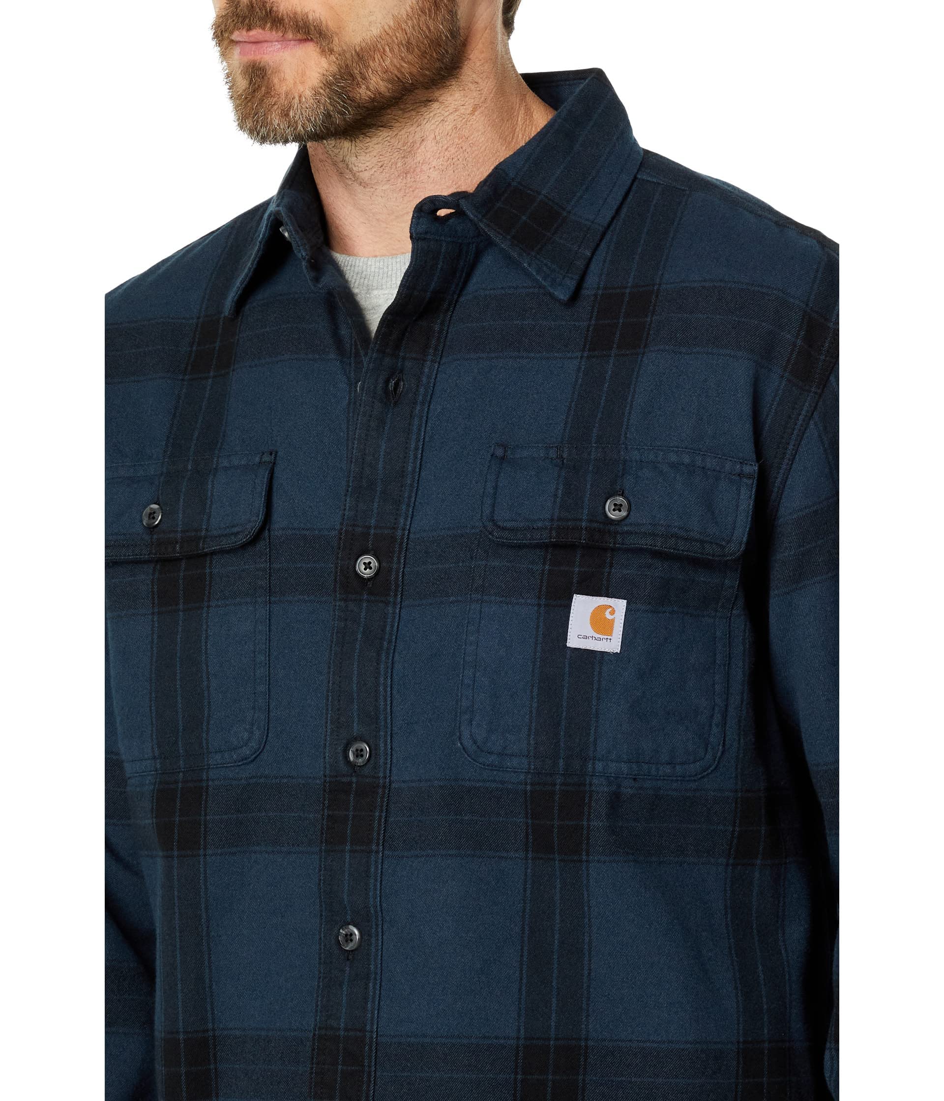 Carhartt Loose Fit Heavyweight Flannel Long Sleeve Plaid Shirt Night Blue LG (Reg)