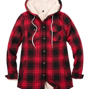 ThCreasa Flannel Shirt Jacket Women with Hood, Buffalo Plaid Sherpa Fleece Lined Button Up Hooded Flannel Jacket Women Red M