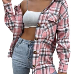 Floerns Women's Casual Long Sleeve Button Down Plaid Shirt Blouse Top Pink Multi XS