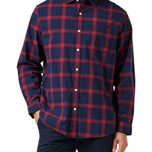 Amazon Essentials Men's Long-Sleeve Regular-Fit Stretch Poplin Shirt, Navy Red Buffalo Plaid, Medium