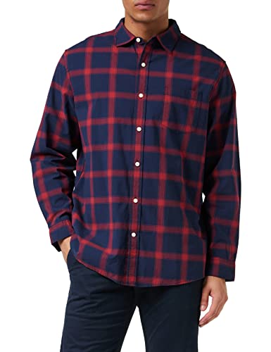 Amazon Essentials Men's Long-Sleeve Regular-Fit Stretch Poplin Shirt, Navy Red Buffalo Plaid, Medium