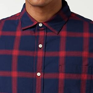 Amazon Essentials Men's Long-Sleeve Regular-Fit Stretch Poplin Shirt, Navy Red Buffalo Plaid, Medium