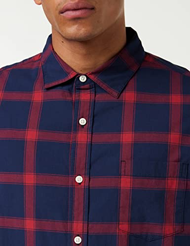 Amazon Essentials Men's Long-Sleeve Regular-Fit Stretch Poplin Shirt, Navy Red Buffalo Plaid, Medium