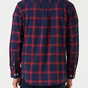 Amazon Essentials Men's Long-Sleeve Regular-Fit Stretch Poplin Shirt, Navy Red Buffalo Plaid, Medium