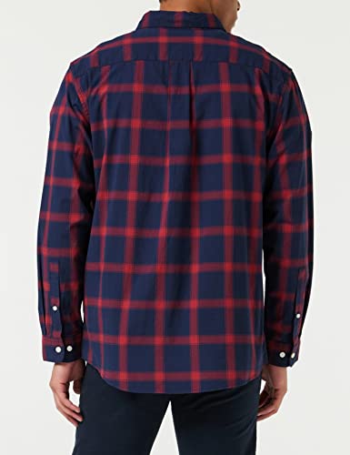 Amazon Essentials Men's Long-Sleeve Regular-Fit Stretch Poplin Shirt, Navy Red Buffalo Plaid, Medium