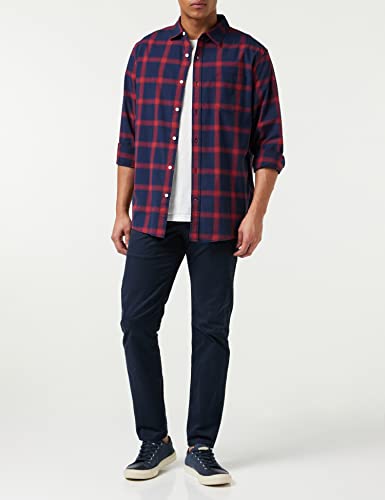 Amazon Essentials Men's Long-Sleeve Regular-Fit Stretch Poplin Shirt, Navy Red Buffalo Plaid, Medium