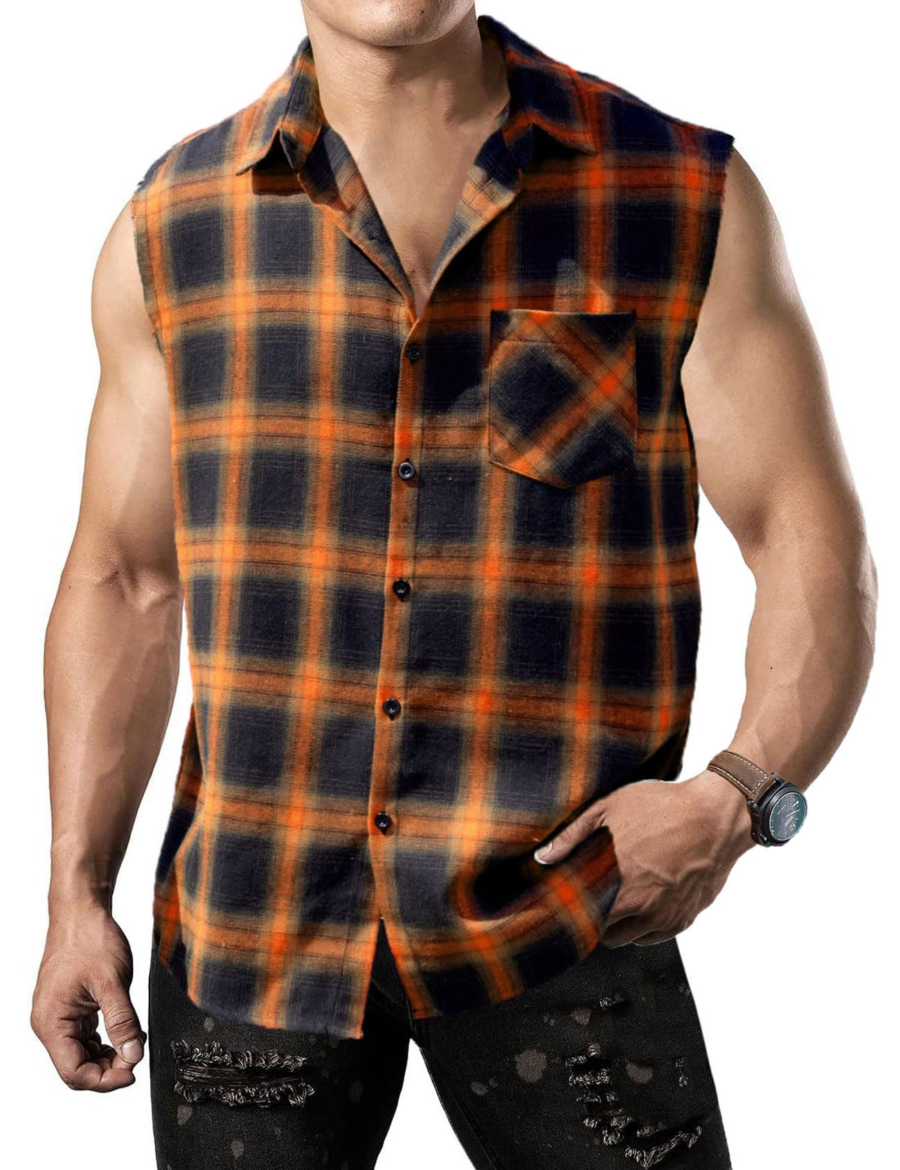 JG JENNY GHOO Sleeveless Flannel Shirt Men Casual Plaid Button Down Shirts Vest