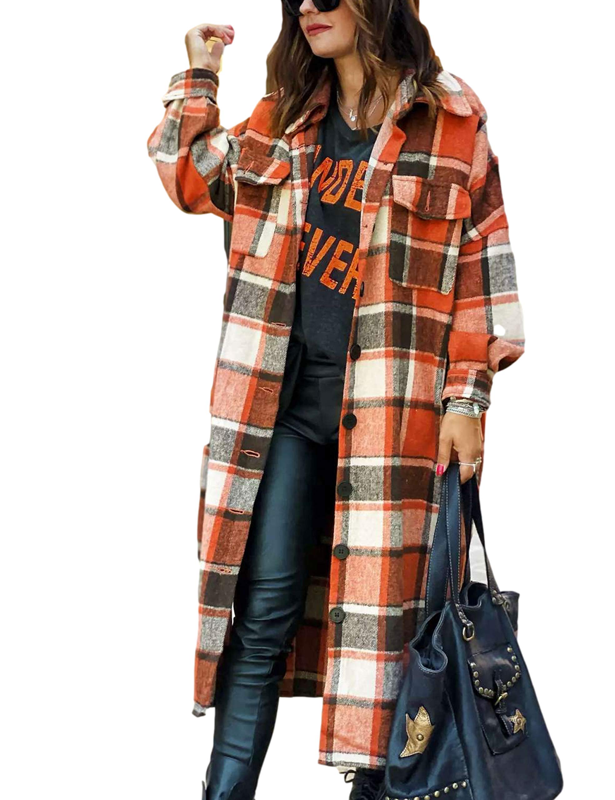 Himosyber Women's Casual Plaid Lapel Woolen Button Up Pocketed Long Shacket Coat (Red-S)