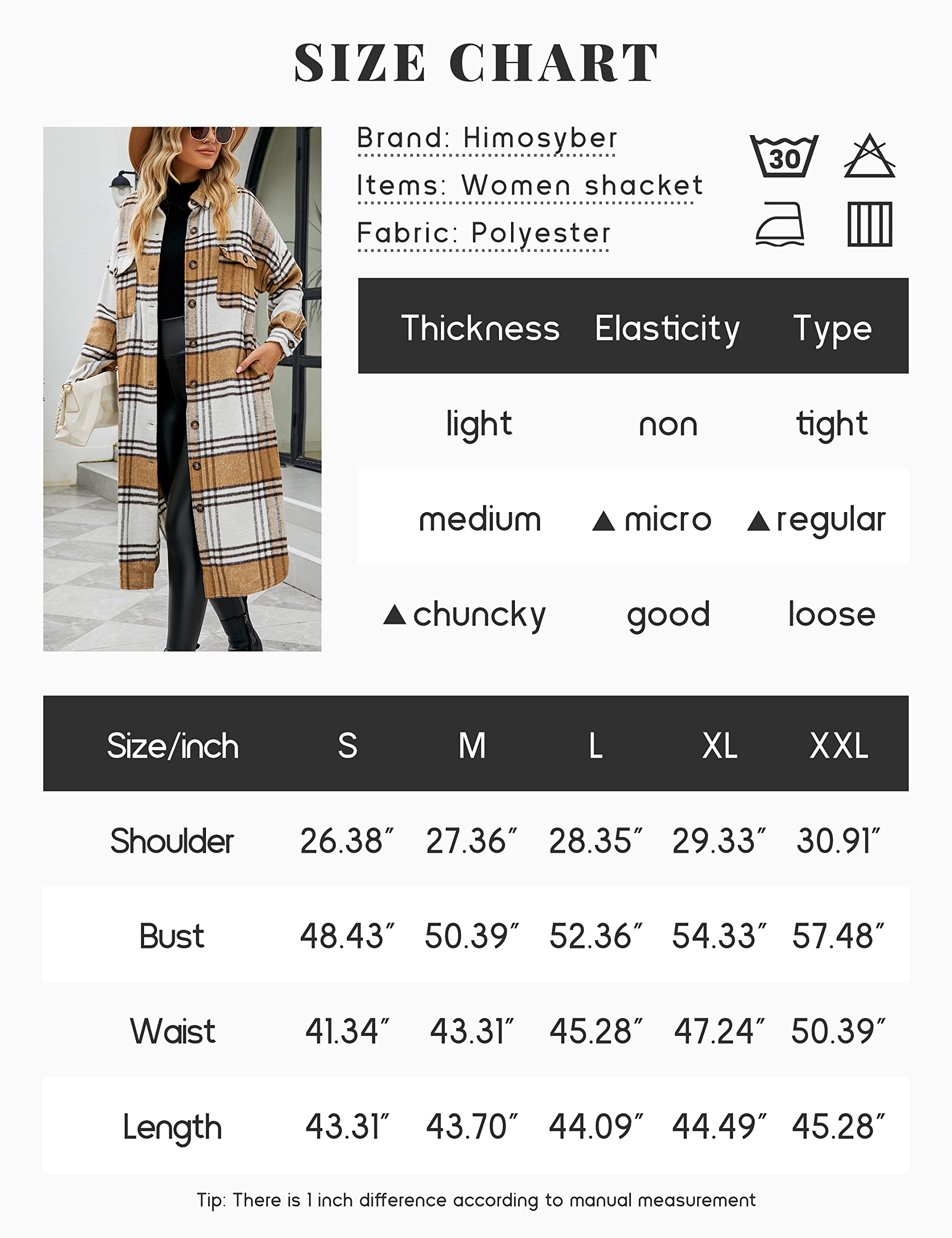 Himosyber Women's Casual Plaid Lapel Woolen Button Up Pocketed Long Shacket Coat (Red-S)