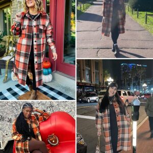 Himosyber Women's Casual Plaid Lapel Woolen Button Up Pocketed Long Shacket Coat (Red-S)