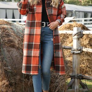 Himosyber Women's Casual Plaid Lapel Woolen Button Up Pocketed Long Shacket Coat (Red-S)