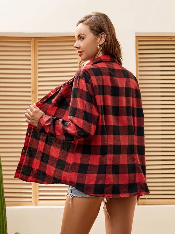 Damipow Flannel Shirt Women Long Sleeve Fall Blouse Ladies Casual Top Cute Clothes,Redt91,M