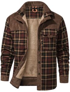 flygo men's outdoor casual vintage buck fleece sherpa lined flannel camp plaid shirt jacket(coffee-m)