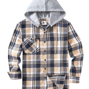 SWISSWELL Mens Flannel Hoodie Shirts Long Sleeve Fashion Plaid Jackets Button Down Shirts Navy Beige L