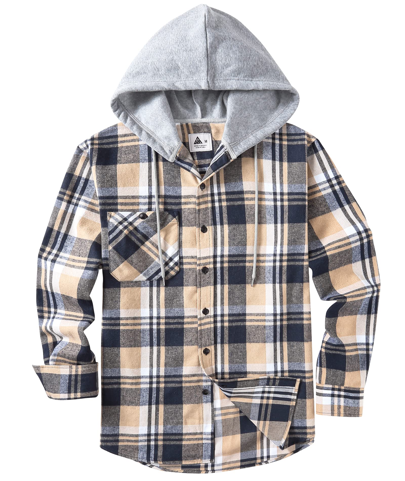 SWISSWELL Mens Flannel Hoodie Shirts Long Sleeve Fashion Plaid Jackets Button Down Shirts Navy Beige L