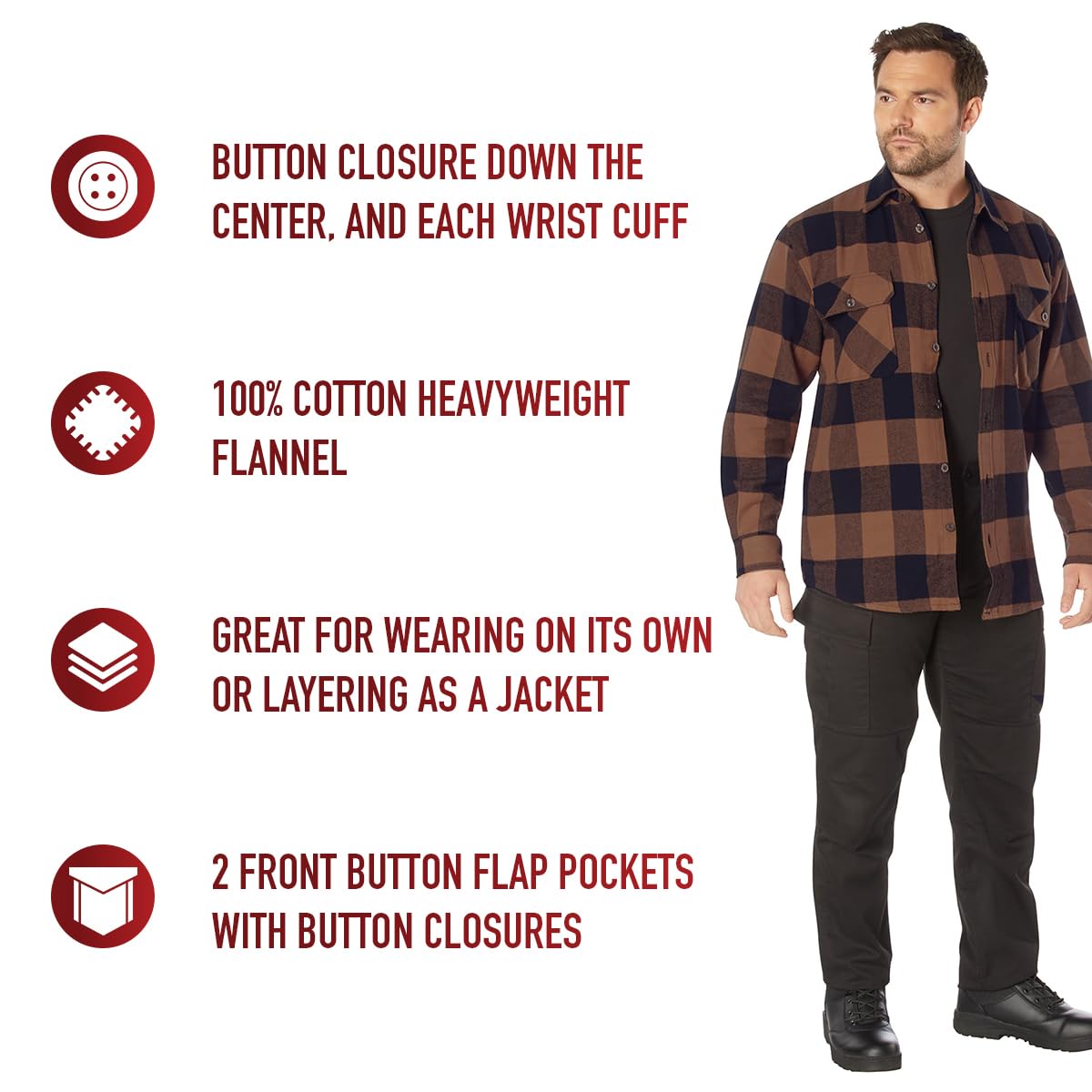 Rothco Buffalo Plaid Flannel Shirt - Rugged Comfortable and Warm Outdoor Shirt Jacket (US, Alpha, X-Large, Regular, Regular, Brown Plaid)